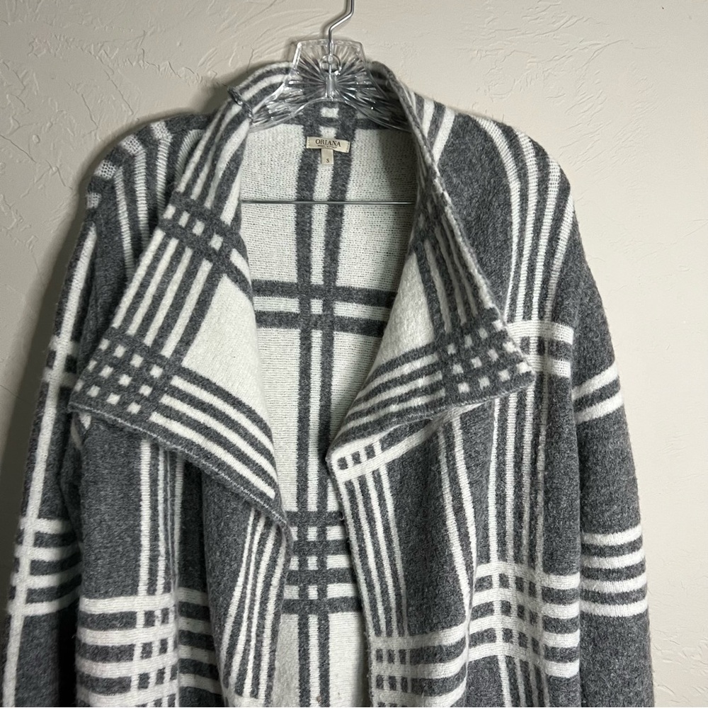 Oriana Made In Italy Gray White Plaid Wool Blend‎ Open Front Blanket Cardigan - Picture 3 of 7